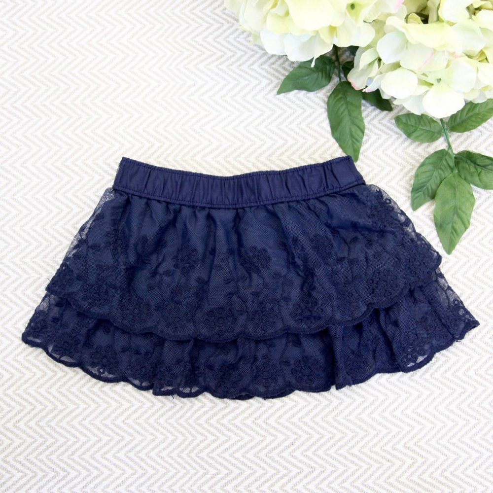 Girls' Tiered & Scalloped Lace Skirt in Navy